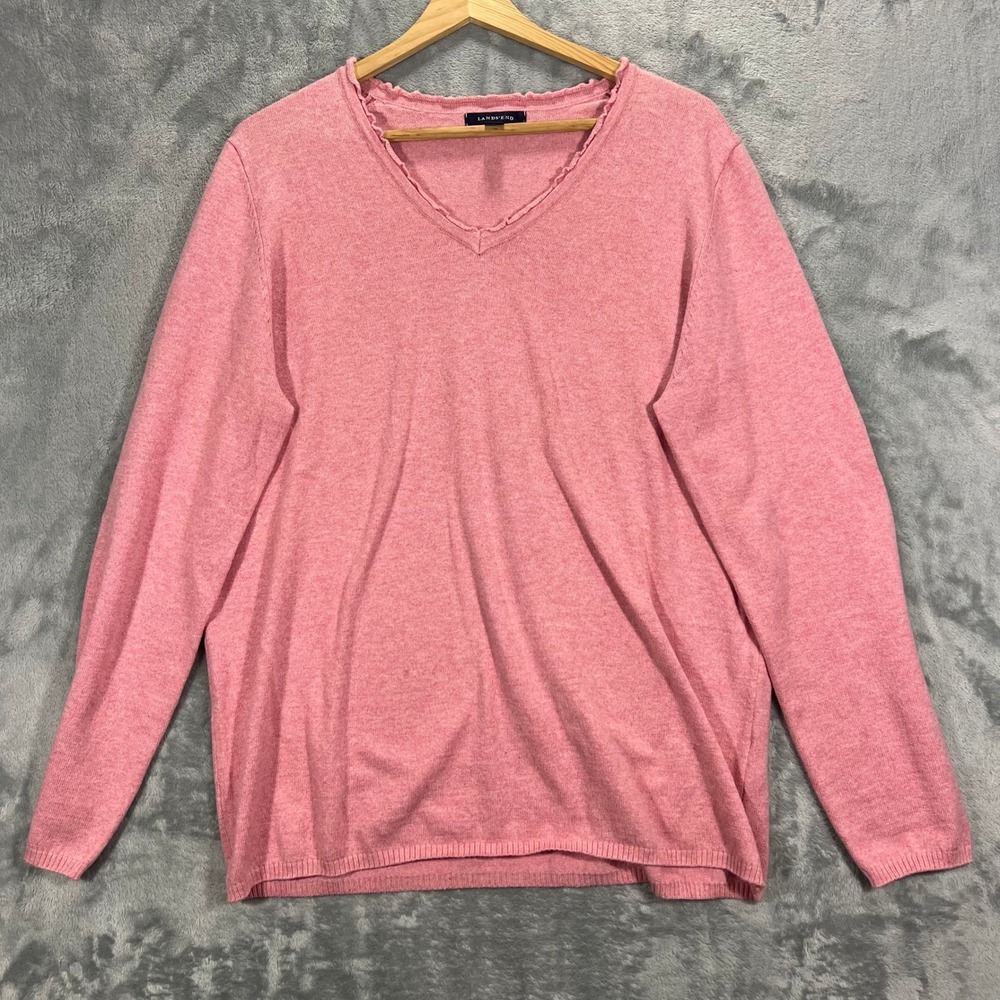 LANDS END V Neck Top Womens XL Pink Cotton Cashmere Blend Lettuce Edge Trim Fall